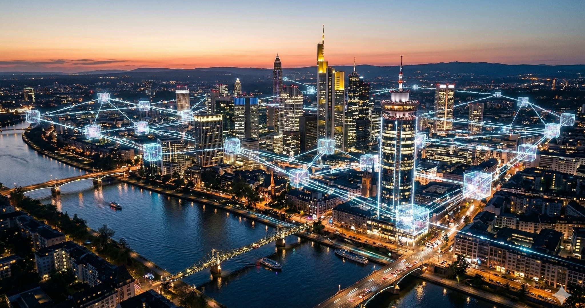 Frankfurt Skyline mit modernem Finanzdistrikt – Sitz des EWPG Bundesverbands für elektronische Wertpapiere